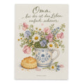Liebevolle Postkarte für Oma mit Keramiktasse und Blumen