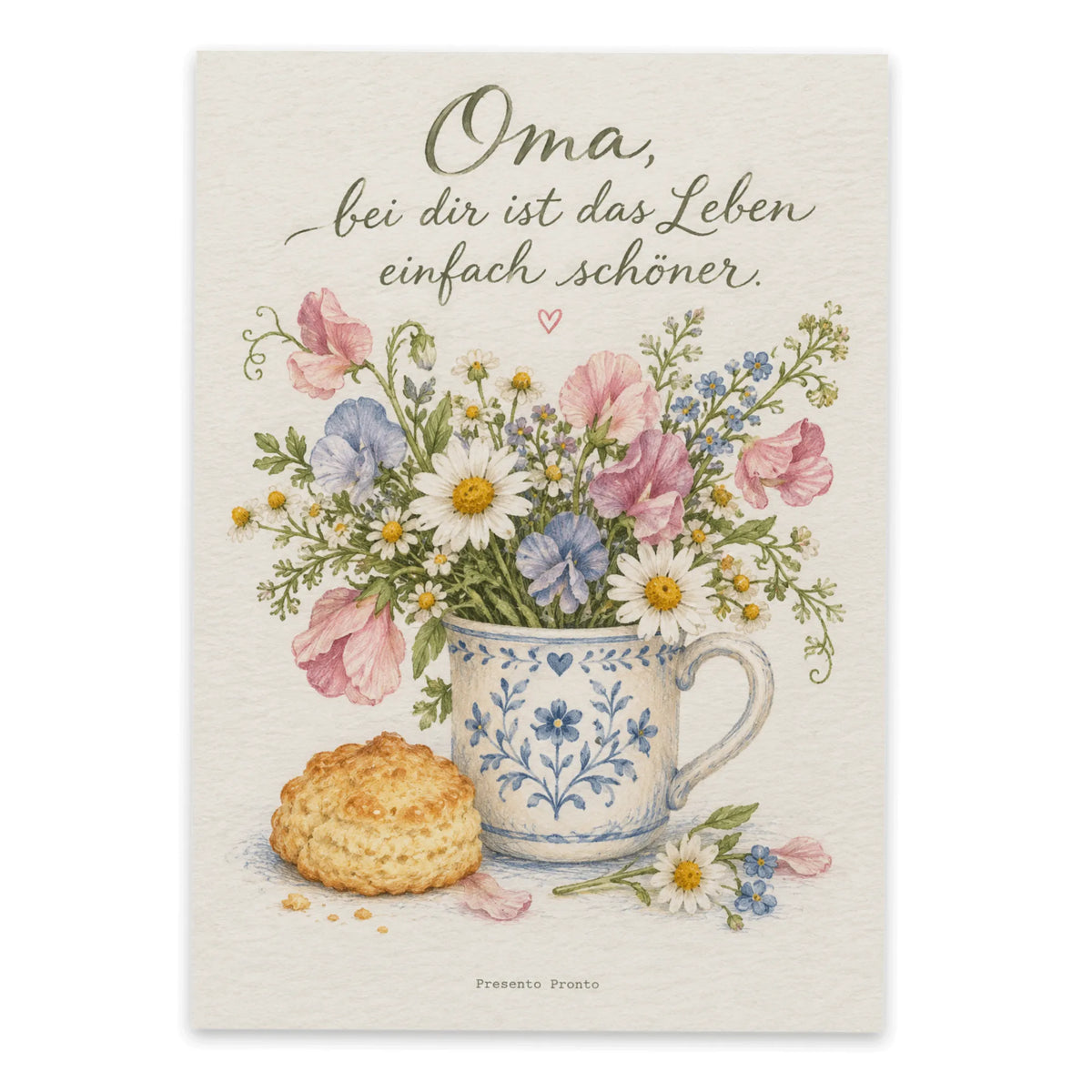 Liebevolle Postkarte für Oma mit Keramiktasse und Blumen
