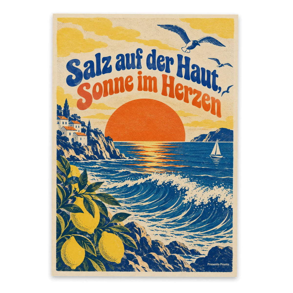 Sommerliche Meeres-Postkarte mit Terrakotta-Sonne
