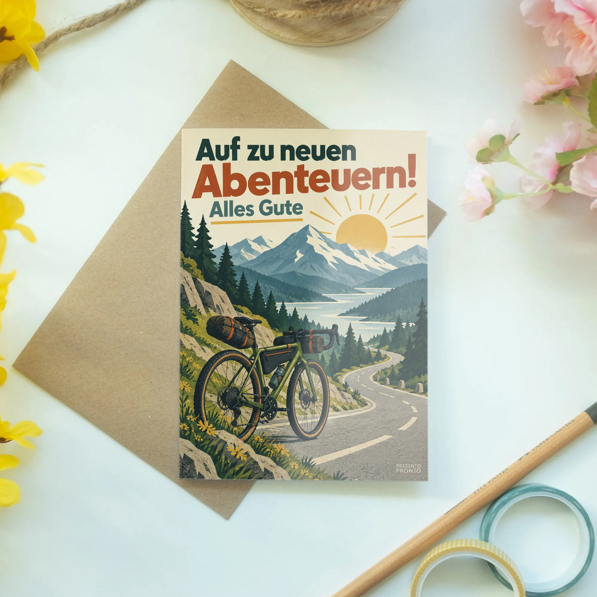 Motivierende Glückwunschkarte mit Fahrrad für Abenteurer