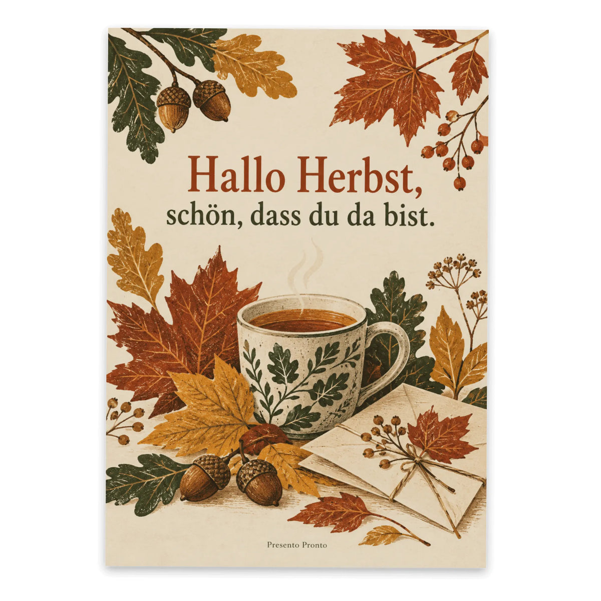 Herzliche Postkarte zum Herbst mit Teetasse und Herbstblättern
