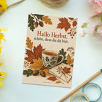 Herzliche Postkarte zum Herbst mit Teetasse und Herbstblättern|p:2017290|h:70d9bddd3ee0cc5f9eaa1e7837cb60f2