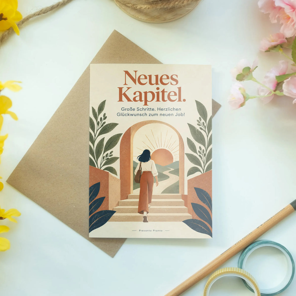 Motivierende Glückwunschkarte zum neuen Job mit aufgehender Sonne
