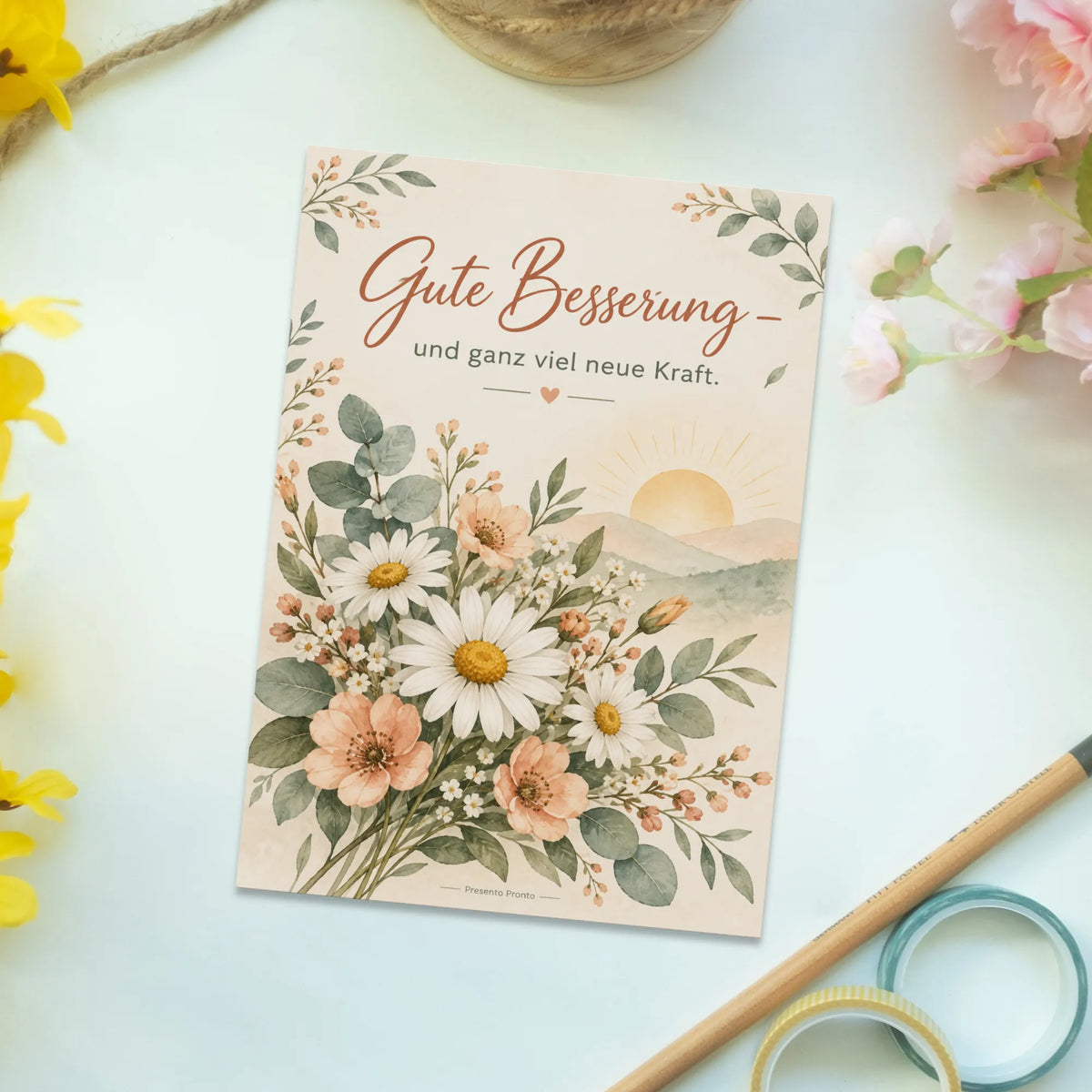 Tröstliche Grußkarte zur guten Besserung mit Blumenstrauß