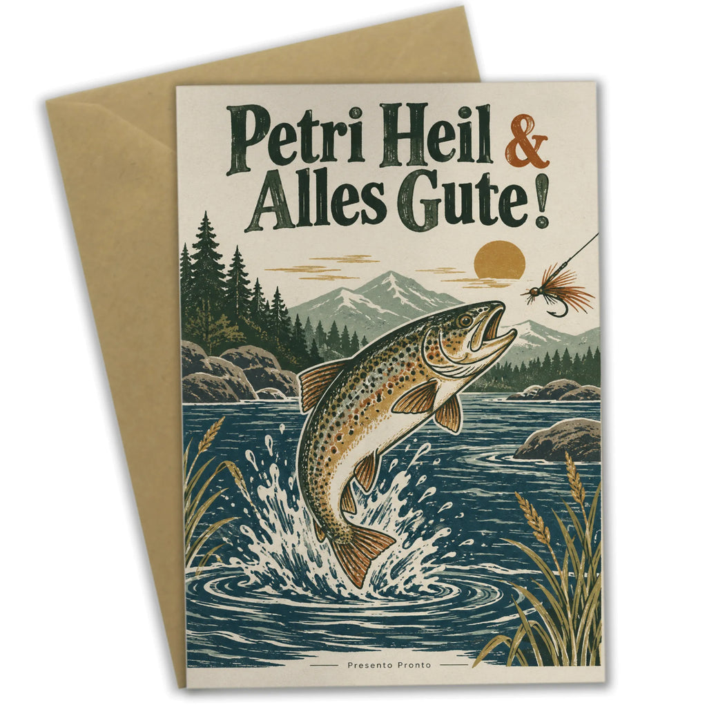 Herzliche Glückwunschkarte für Angler mit springender Forelle|p:2017294|h:6c70201bd03c74660267d1eb7323f440