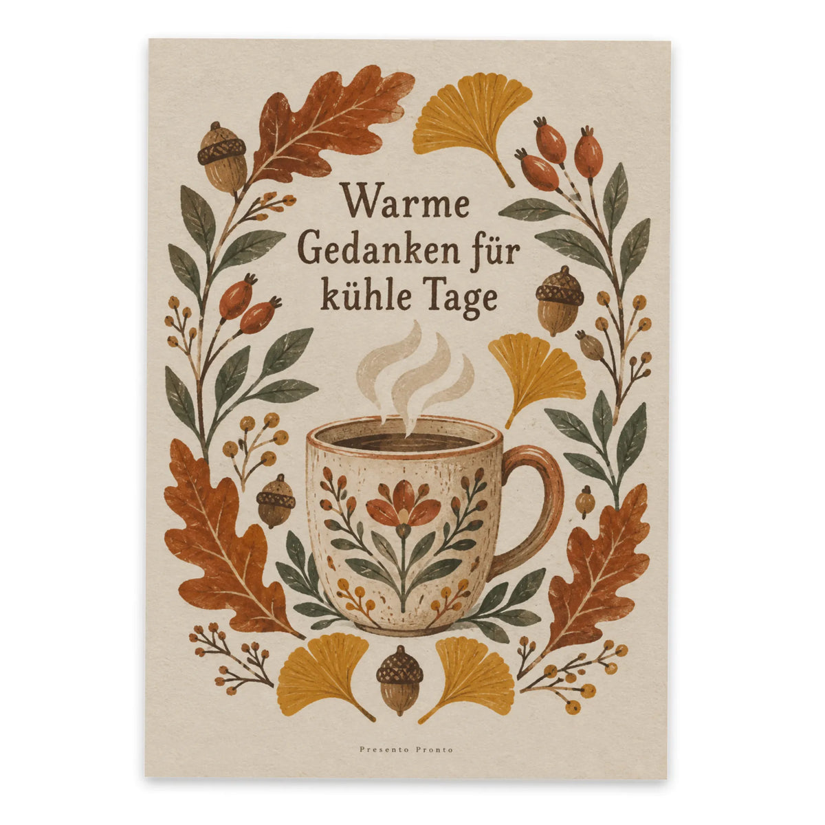 Gemütliche Herbstpostkarte mit warmem Becher
