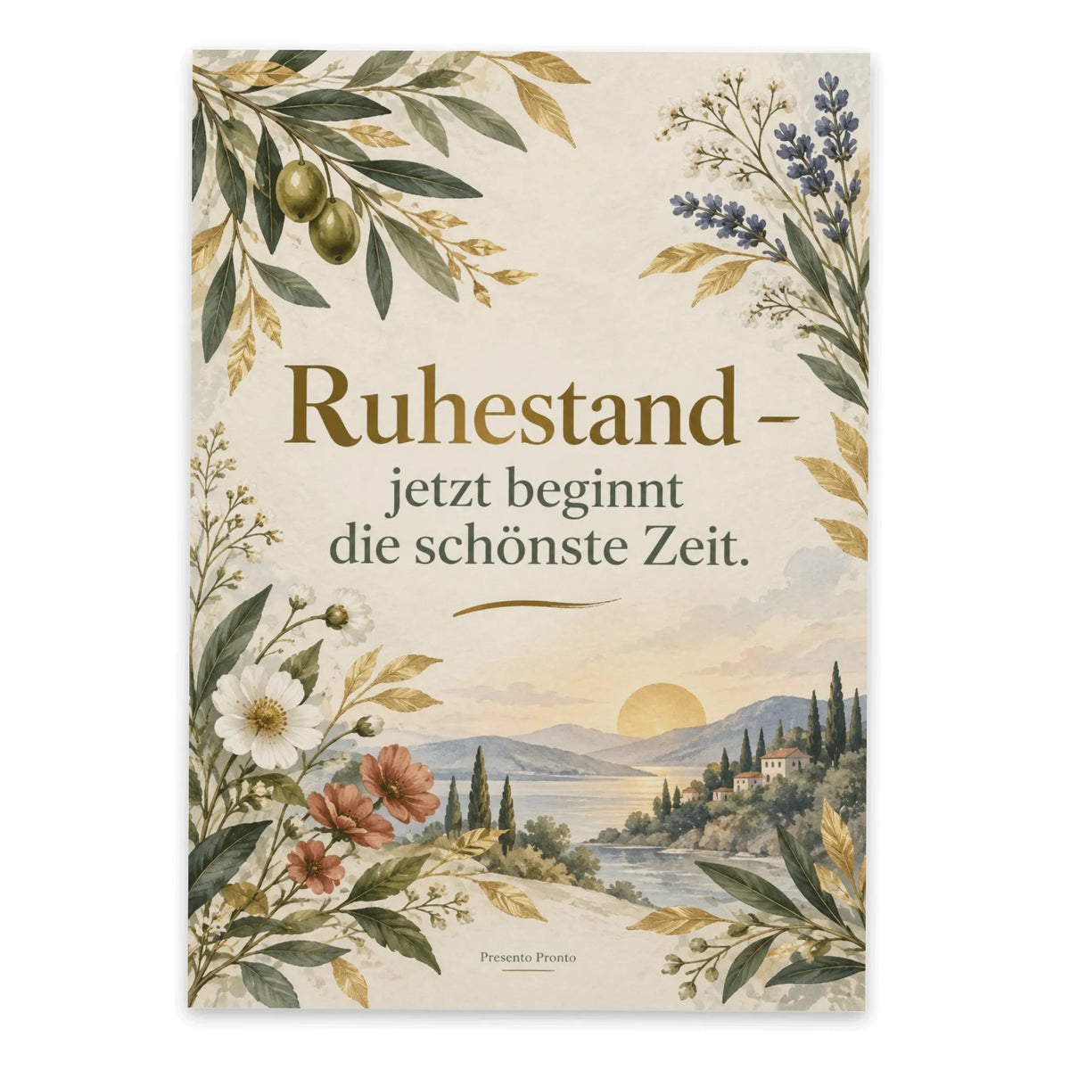 Elegante Grußkarte zum Ruhestand mit Olivenzweigen