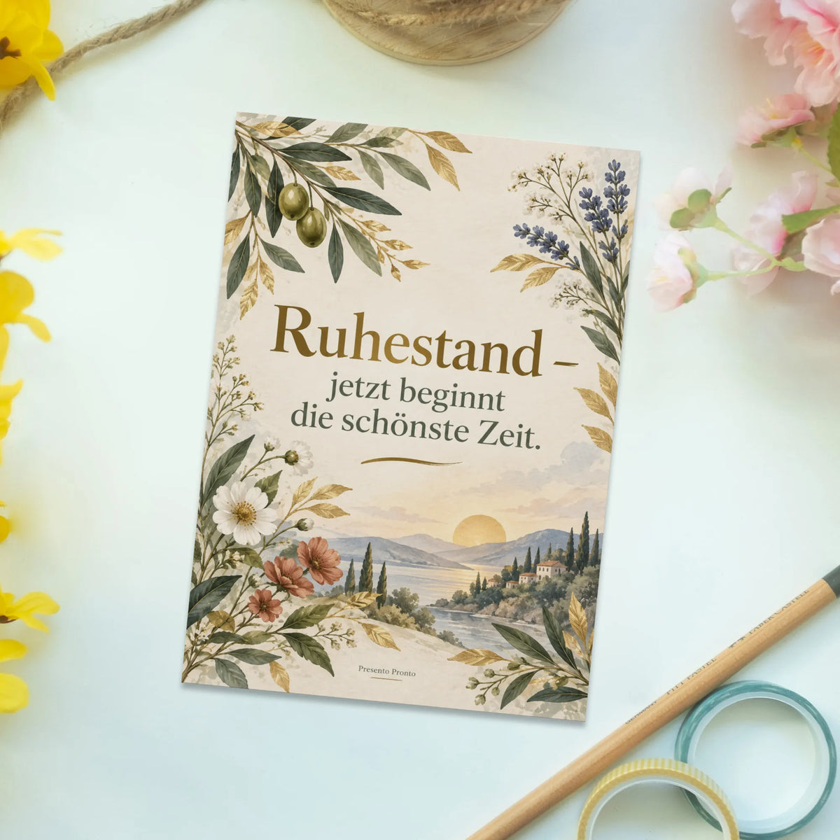 Elegante Grußkarte zum Ruhestand mit Olivenzweigen