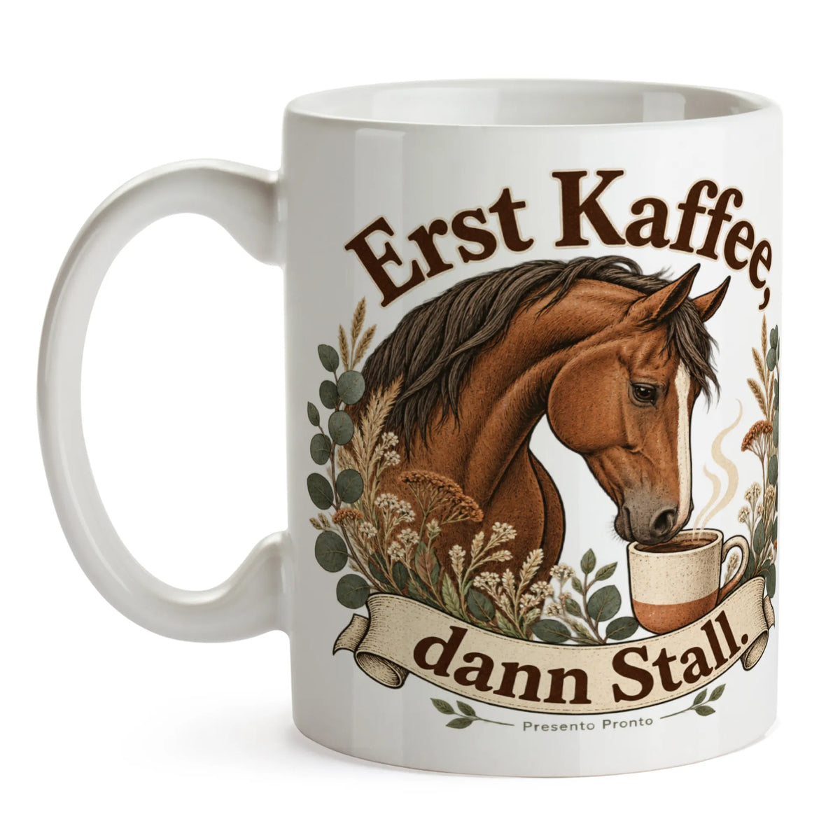 Lustige Kaffeetasse für Pferdefans mit Warmblutpferd