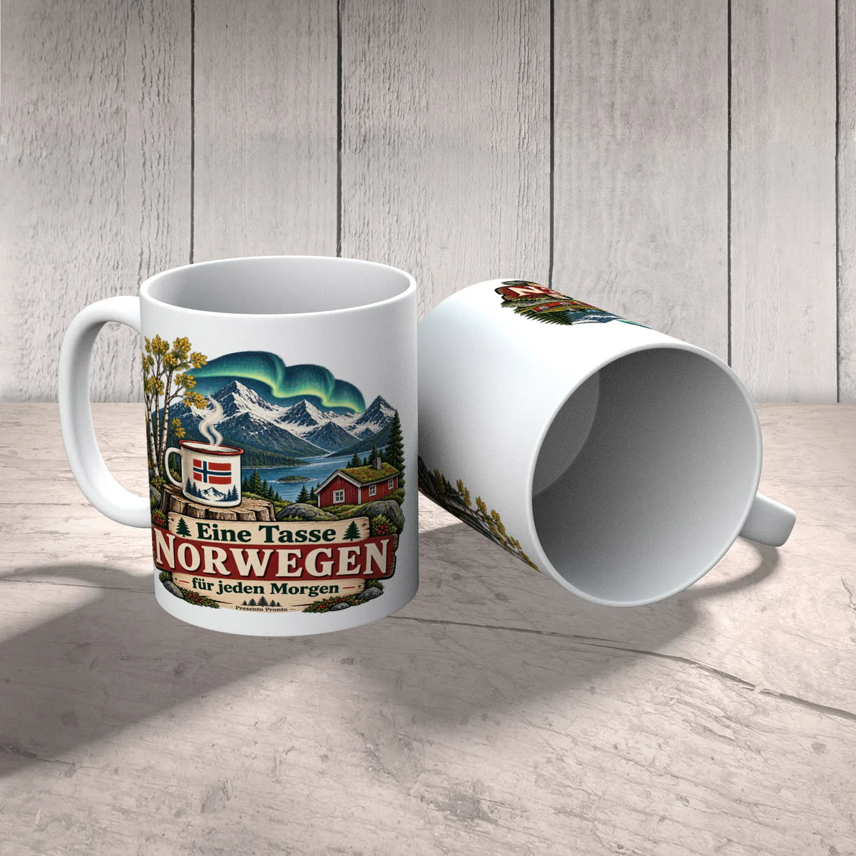 Nostalgische Kaffeetasse für Norwegenfans mit Berghütte