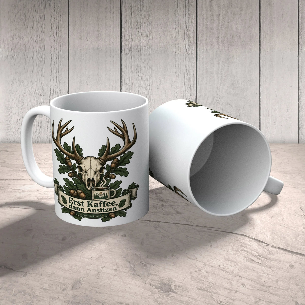 Lustige Kaffeetasse für Jäger mit Hirschschädel und Geweih