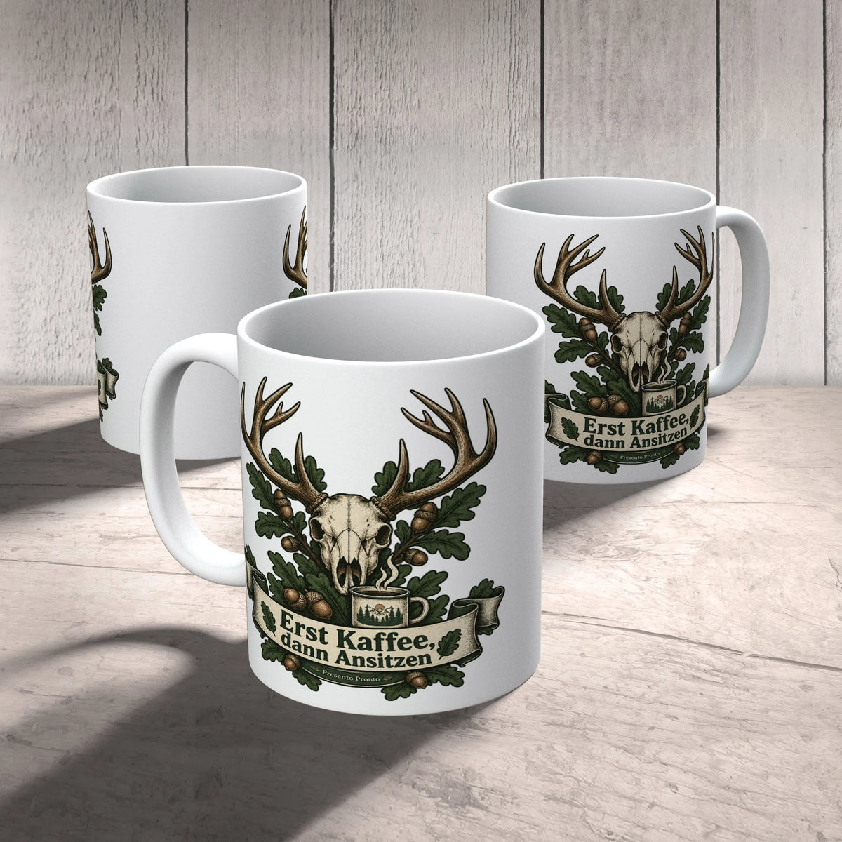 Lustige Kaffeetasse für Jäger mit Hirschschädel und Geweih