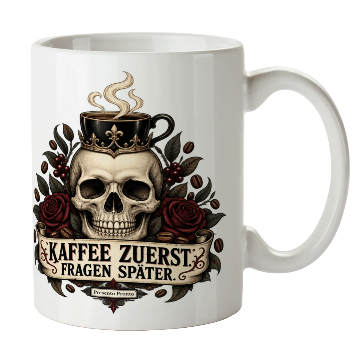 Lustige Totenkopftasse für Kaffeeliebhaber mit Kaffeebohnen