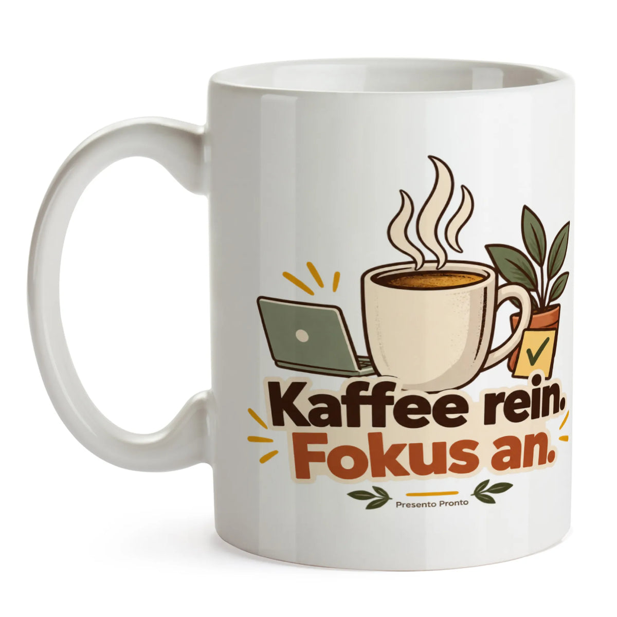 Lustiger Kaffeebecher fürs Büro mit Laptop und Kaffee