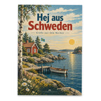 Herzliche Postkarte aus Schweden mit rotem Holzhaus|p:2017338|h:3a0b63c98119884c990d3d0f756ce442