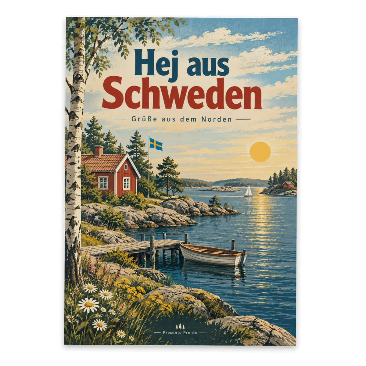 Herzliche Postkarte aus Schweden mit rotem Holzhaus