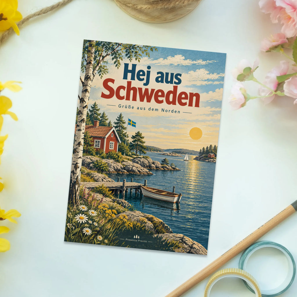 Herzliche Postkarte aus Schweden mit rotem Holzhaus|p:2017338|h:f95e0136266999ab34bcd4f7dd056eec