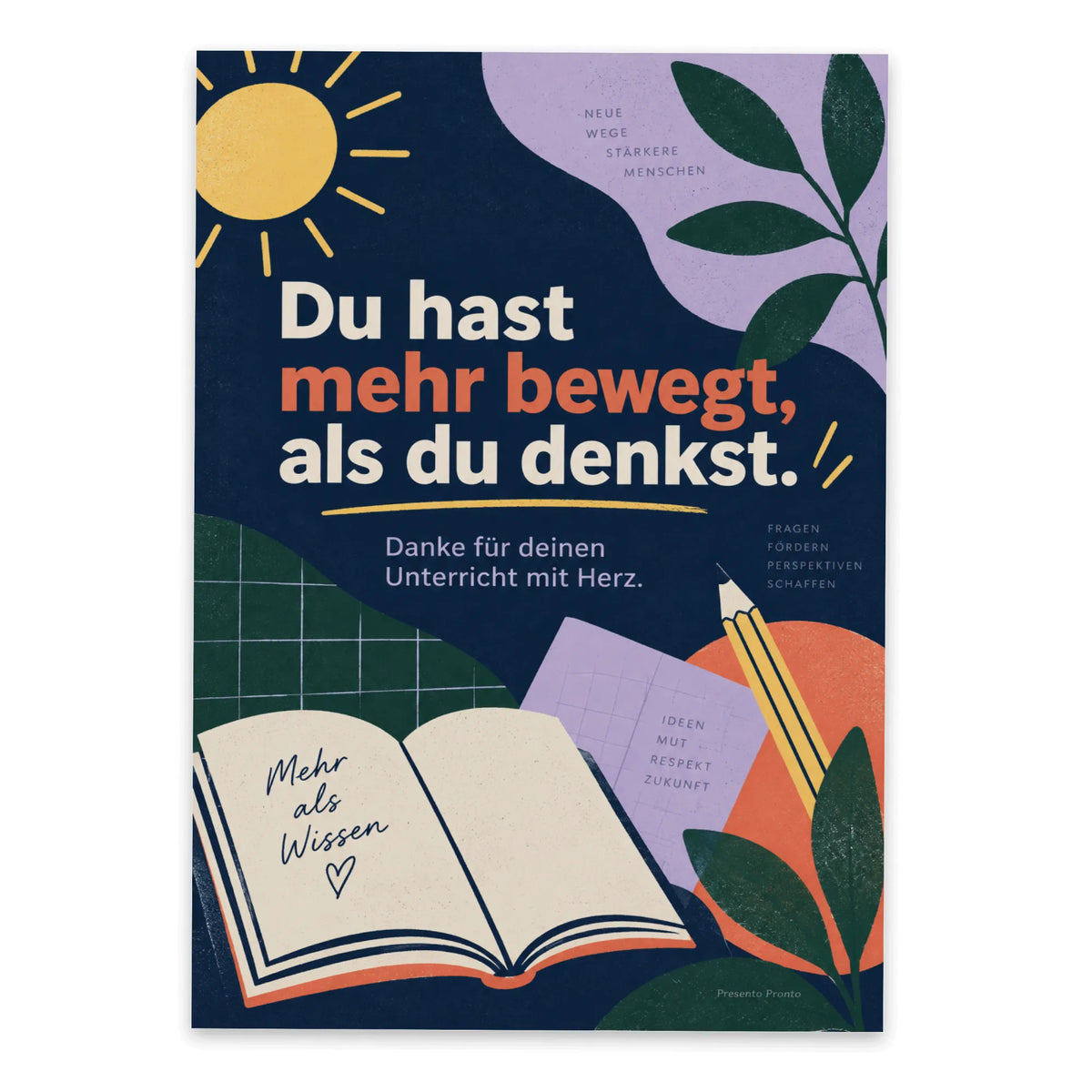 Herzliche Postkarte für Lehrer mit Buch und Bleistift