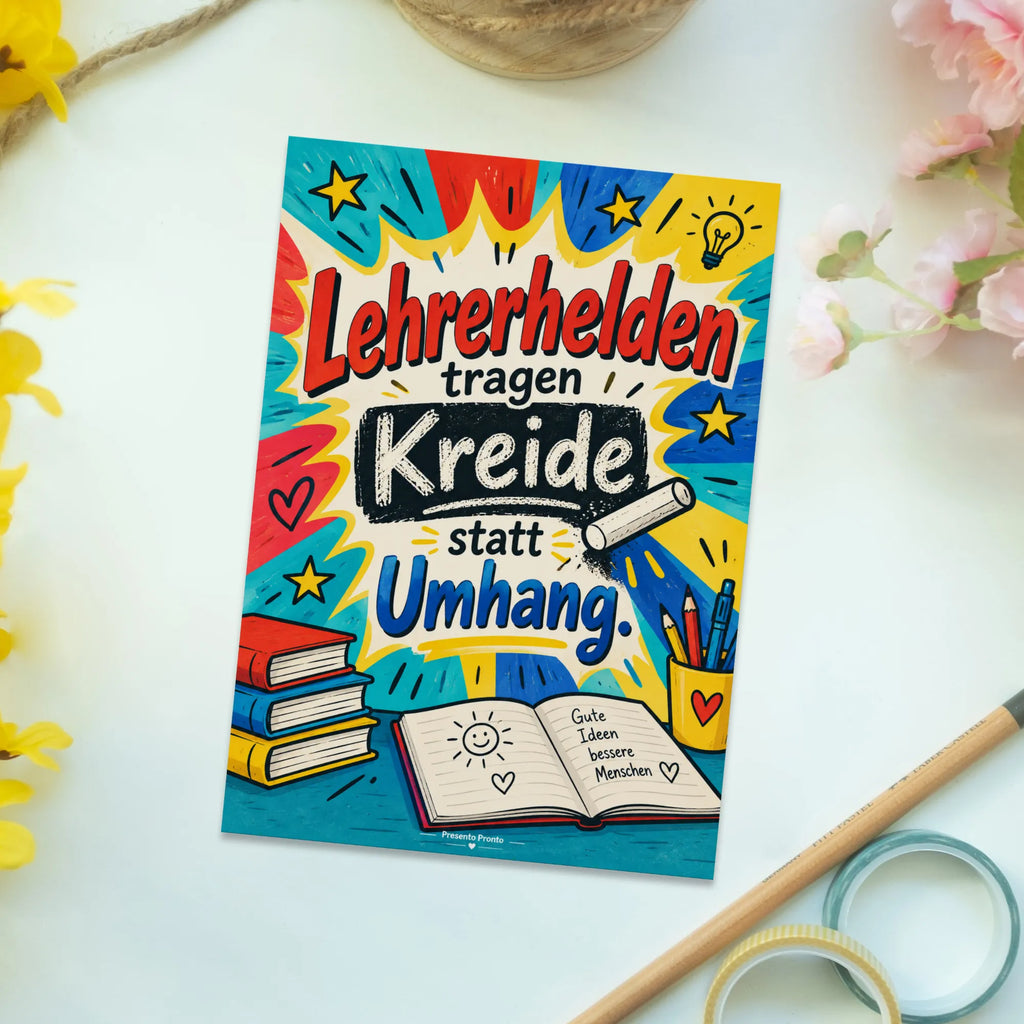 Lustige Postkarte für Lehrerin mit Kreide und Superheldenstrahl|p:2017350|h:d8ba84e07b4925ae4029f3fa5208ff47