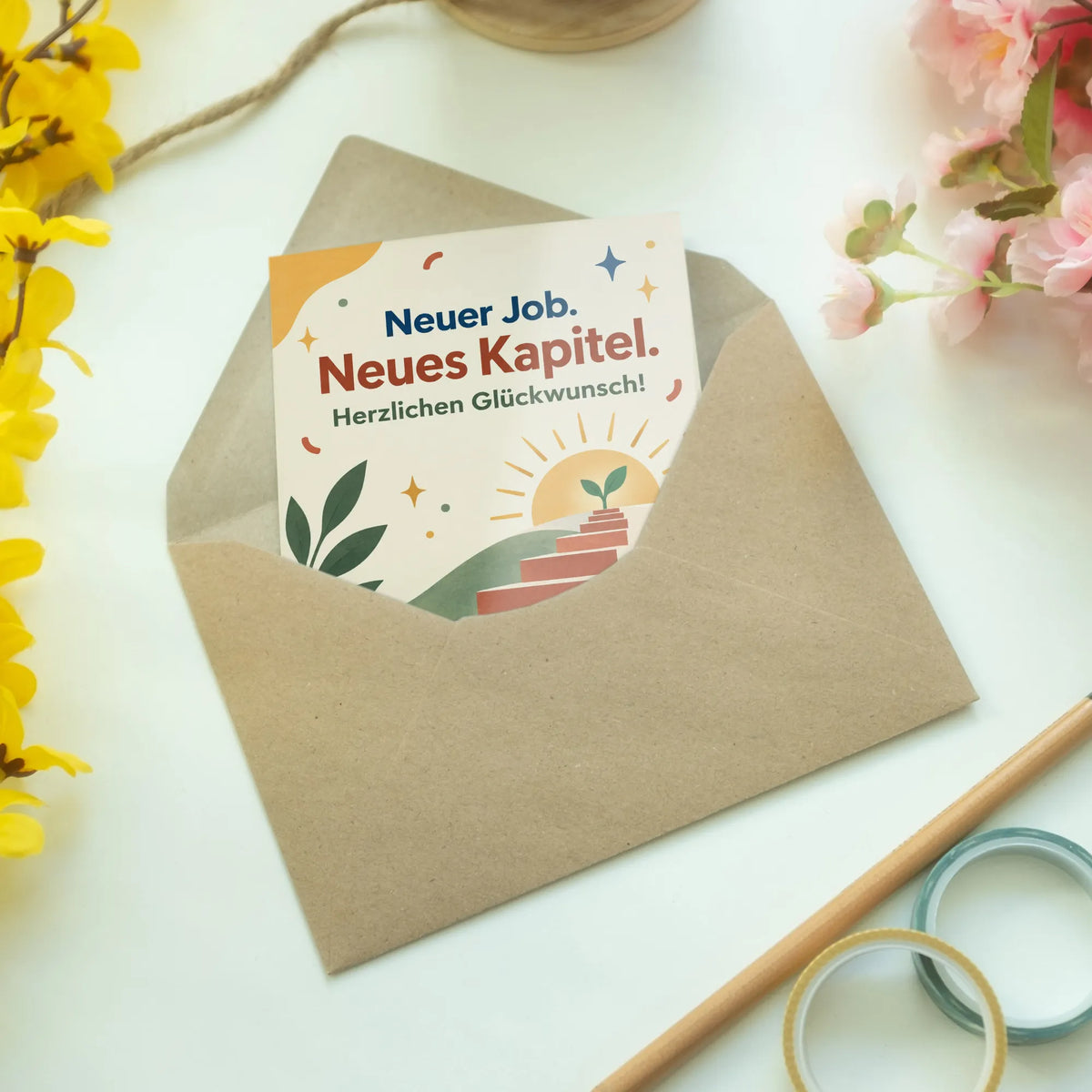 Optimistische Glückwunschkarte zum neuen Job mit aufgehender Sonne