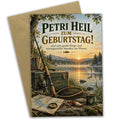 Herzliche Glückwunschkarte für Angler zum Geburtstag mit Angel am See