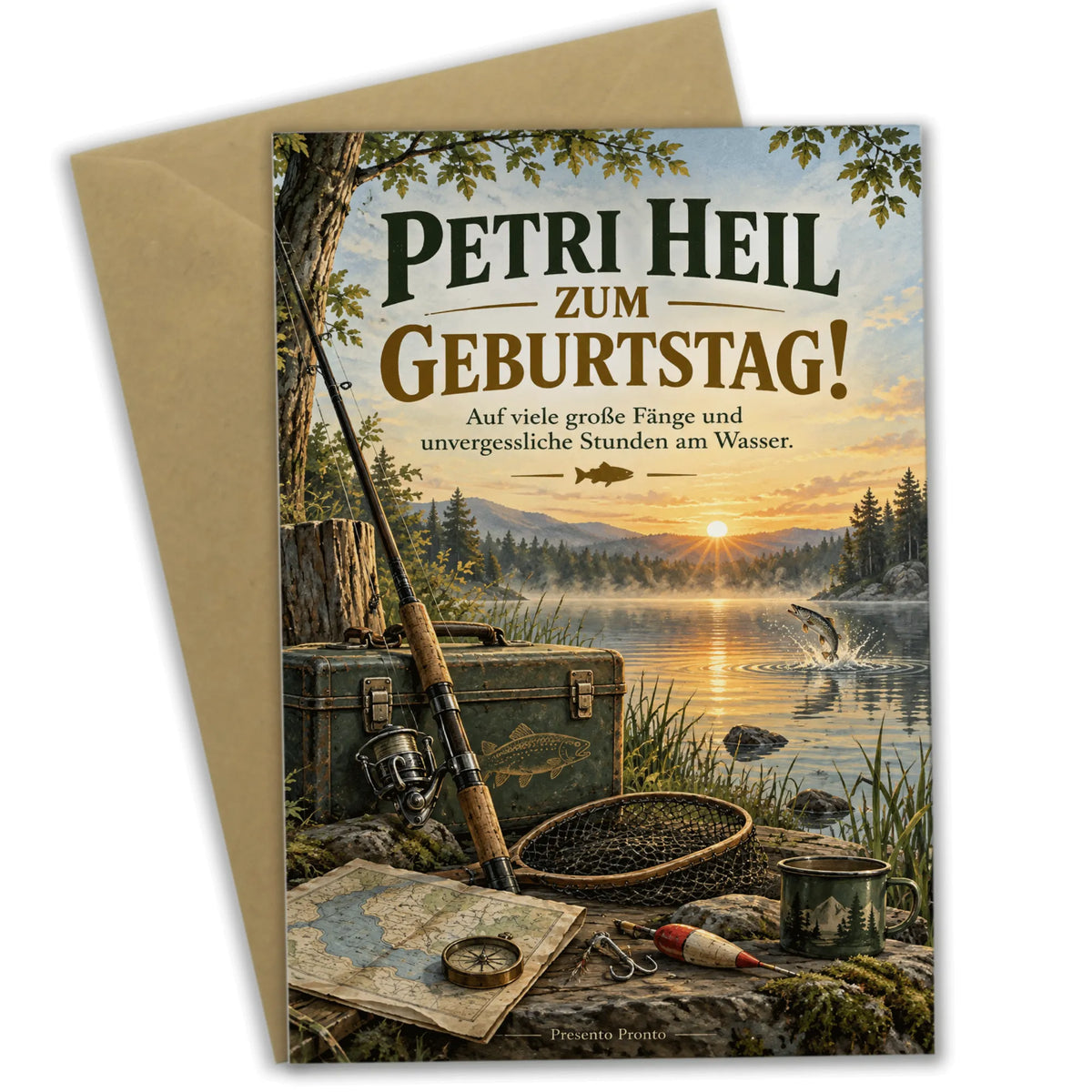 Herzliche Glückwunschkarte für Angler zum Geburtstag mit Angel am See