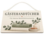 Elegantes Schild für Gästehandtücher mit Eukalyptus|p:2017405|h:5c02fba0eef86ff389365fbf90c98fd3