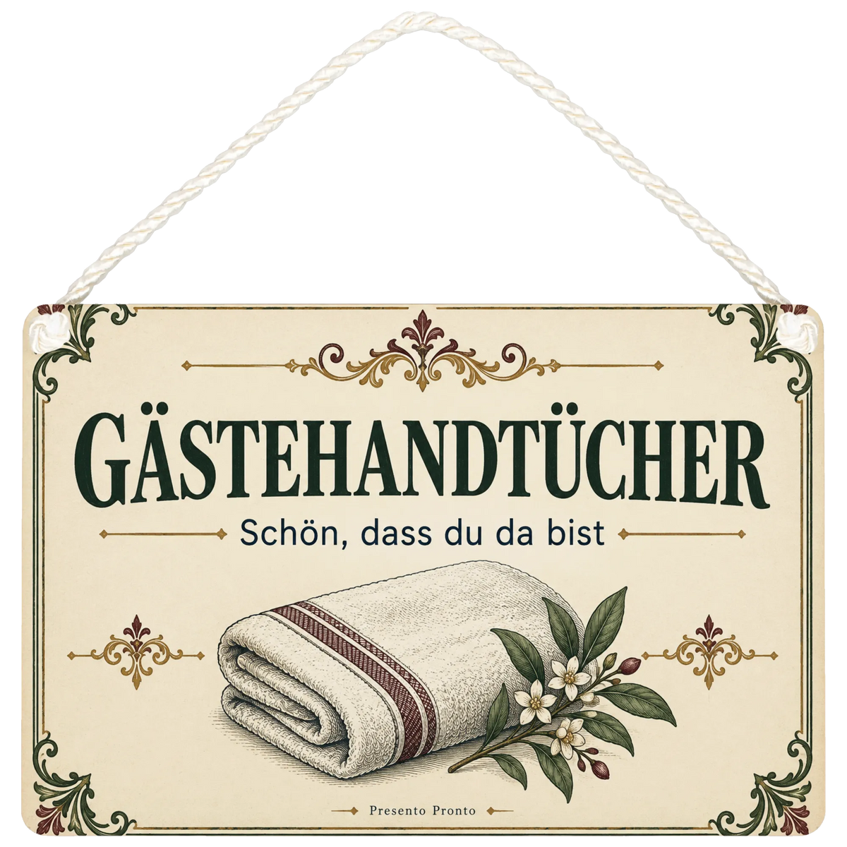 Herzliches Schild für Gästehandtücher mit gefaltetem Handtuch