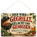 Gemütliches Schild für den Grillplatz mit Landhausgrill
