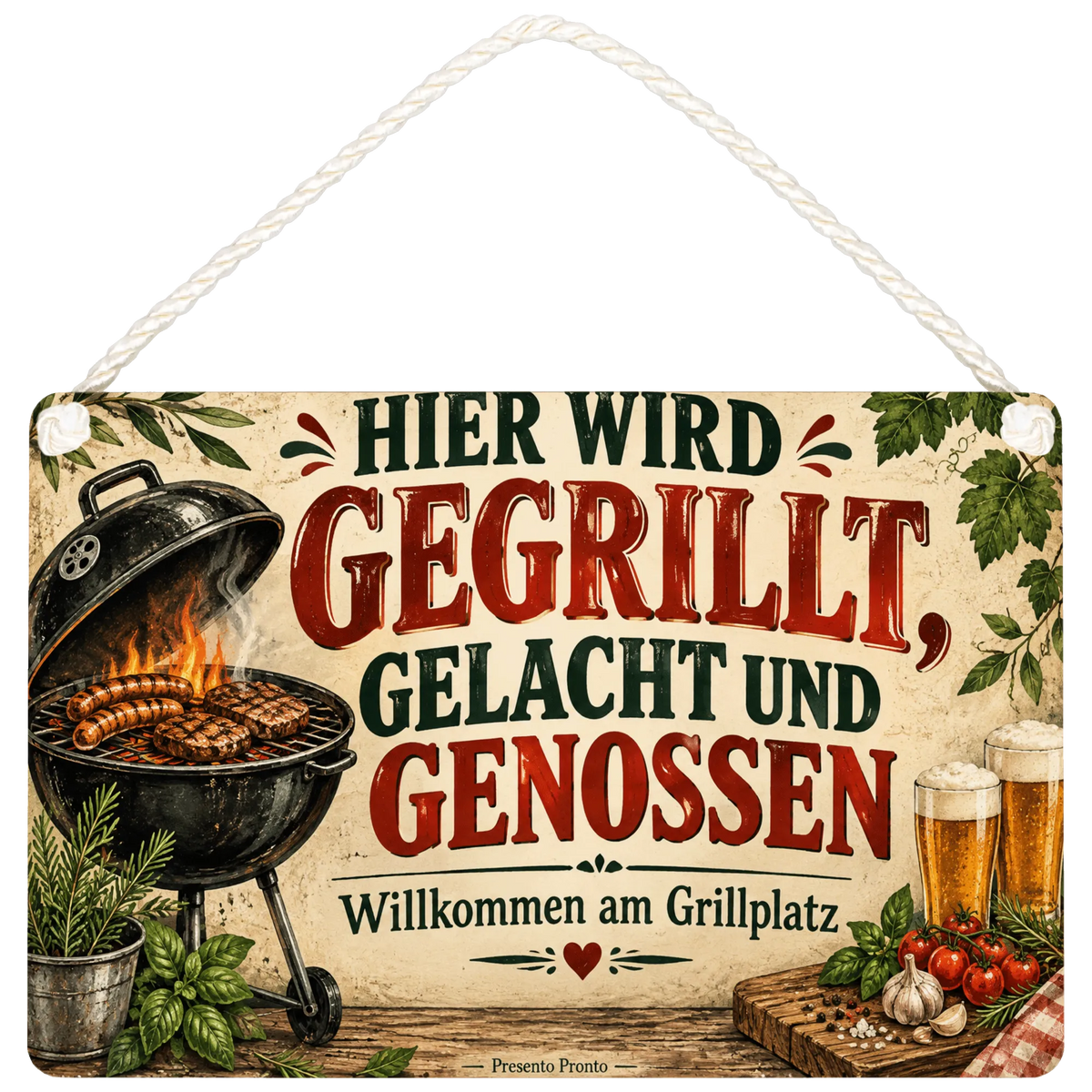 Gemütliches Schild für den Grillplatz mit Landhausgrill