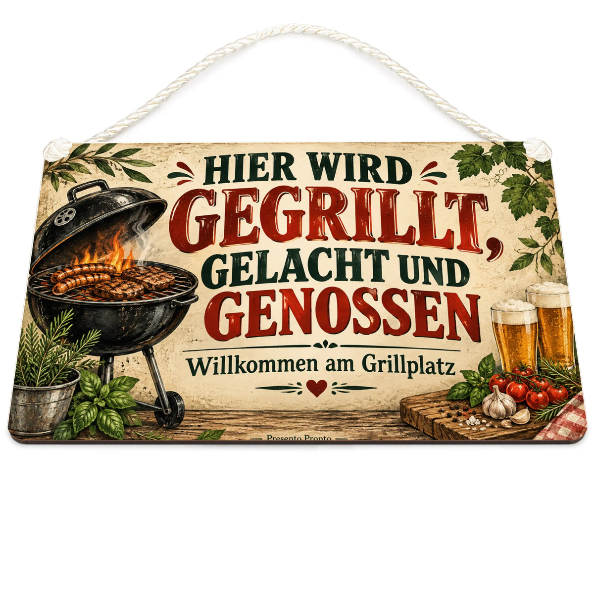 Gemütliches Schild für den Grillplatz mit Landhausgrill