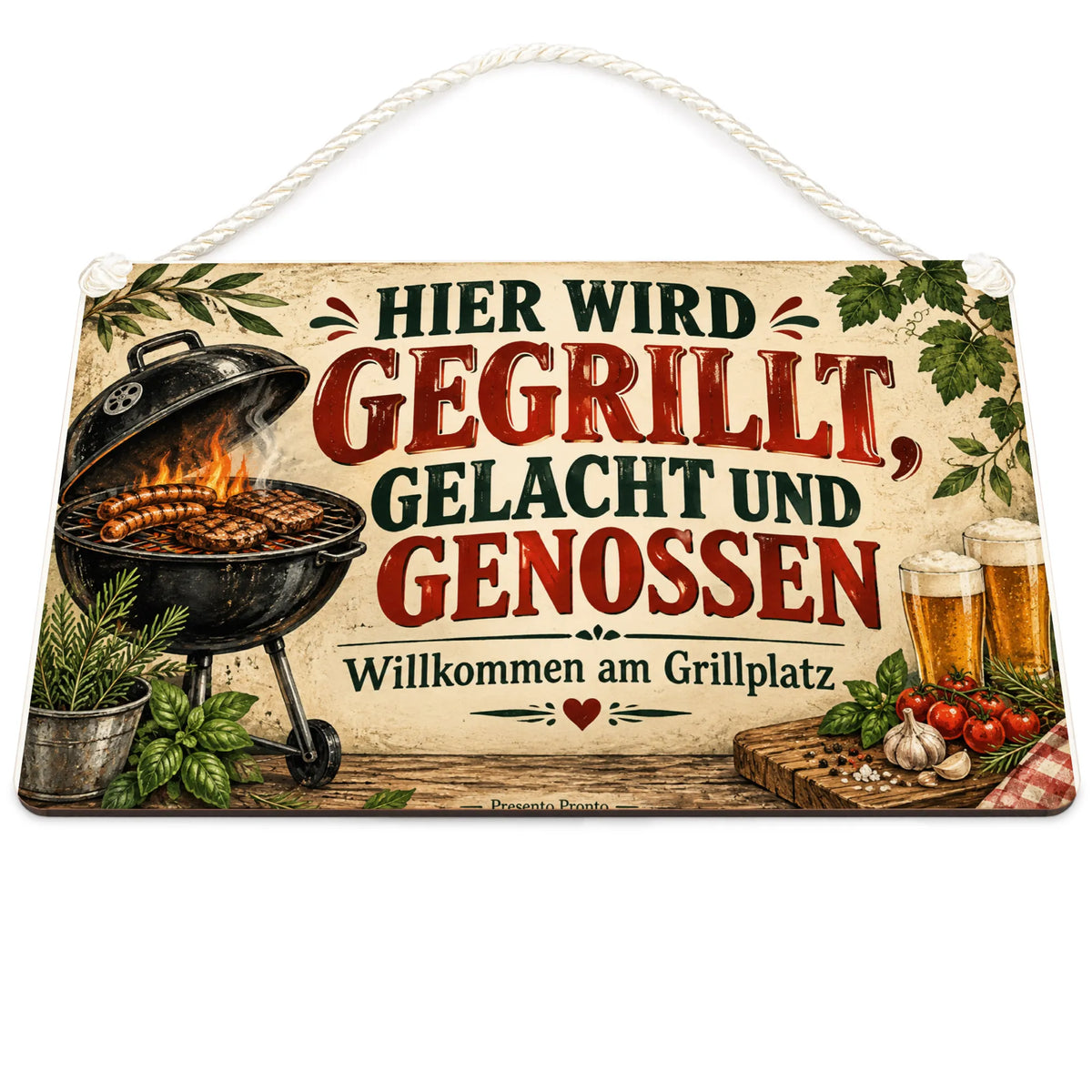 Gemütliches Schild für den Grillplatz mit Landhausgrill