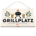 Lustiges Schild für den Grillplatz mit Grill und Biergläsern|p:2017426|h:5f7bcd996047911f5555bc811010871f