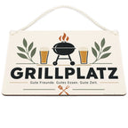 Lustiges Schild für den Grillplatz mit Grill und Biergläsern|p:2017427|h:4a3737c3fe45bb19bd3b22a636734d49