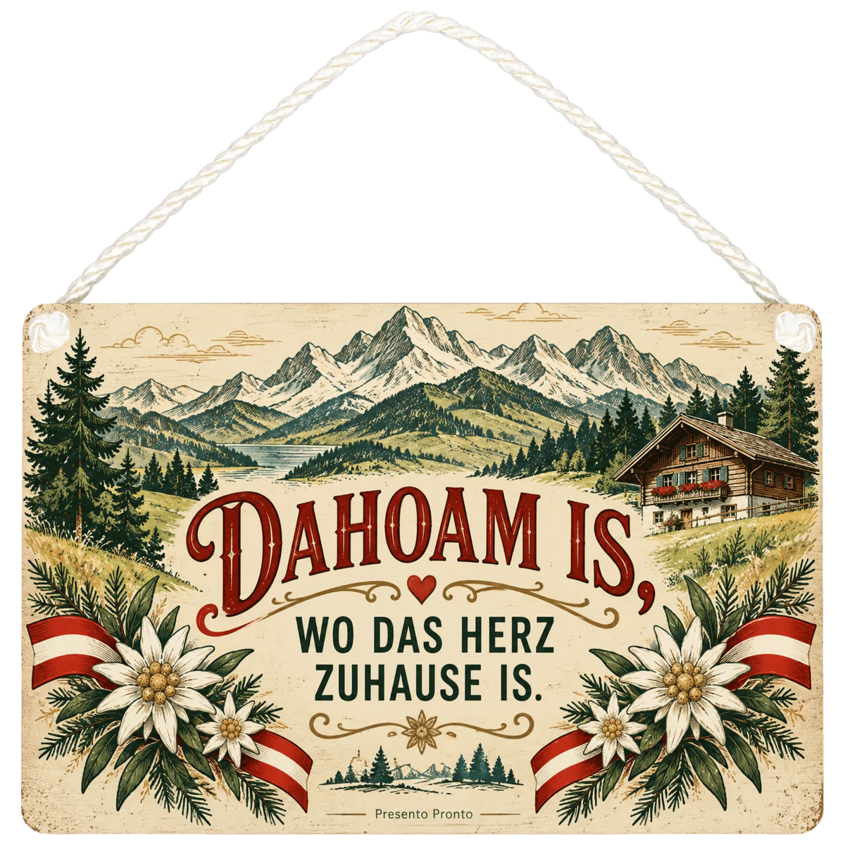 Gemütliches Schild für Österreichfans mit Alpenlandschaft