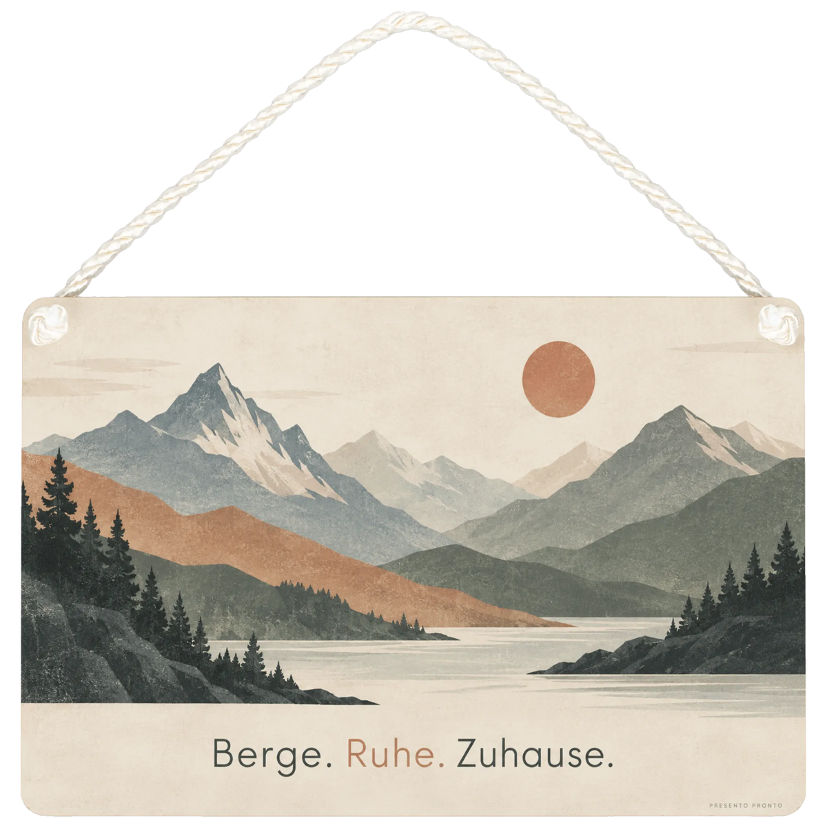 Ruhiges Holzbild mit Bergen bei Sonnenaufgang für Naturliebhaber