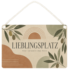 Gemütliches Schild für den Lieblingsplatz mit Olivenblättern