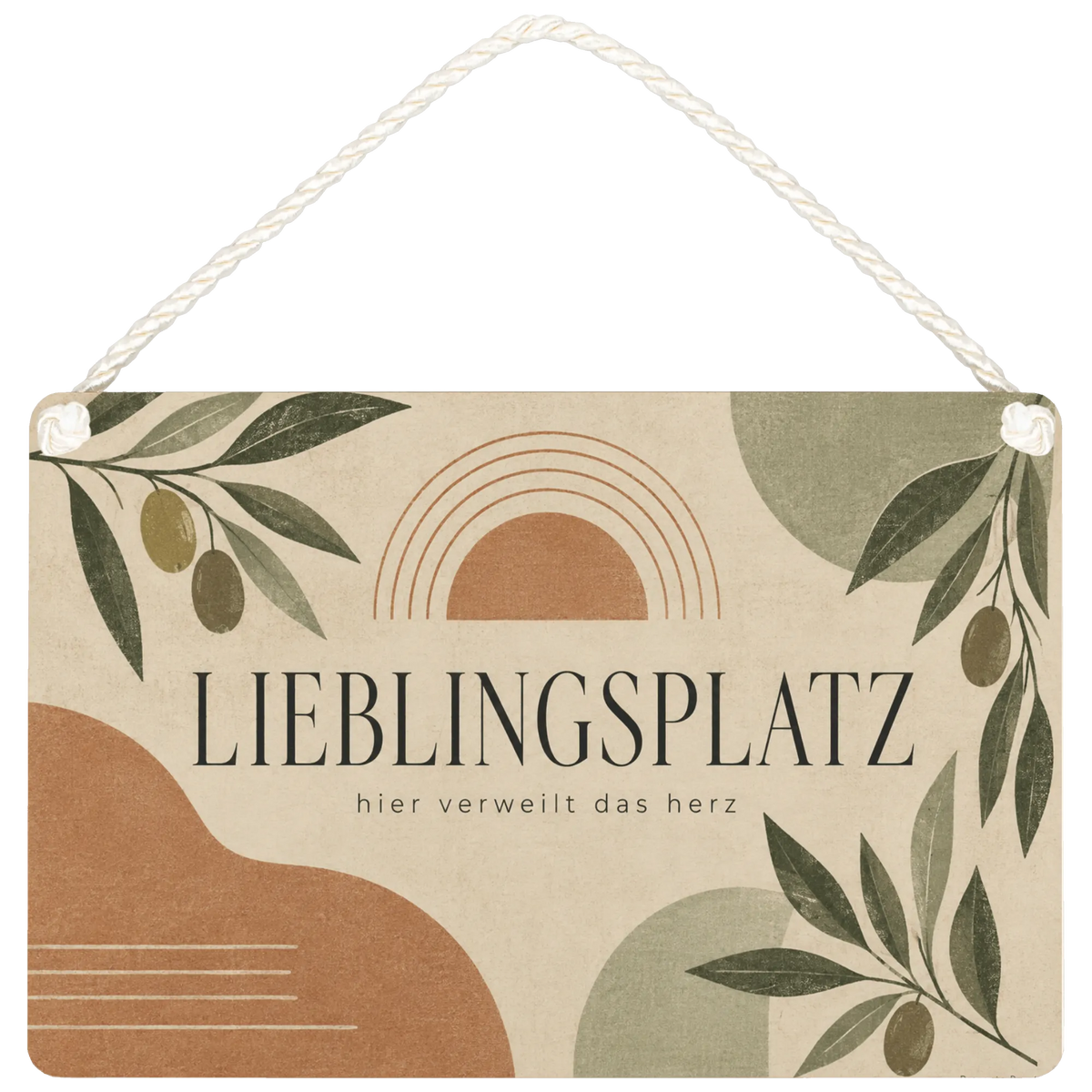 Gemütliches Schild für den Lieblingsplatz mit Olivenblättern