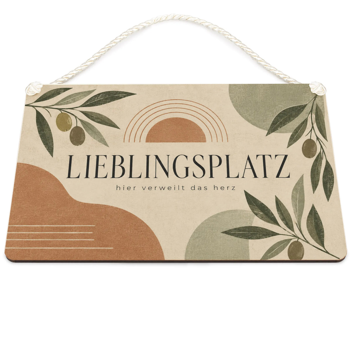 Gemütliches Schild für den Lieblingsplatz mit Olivenblättern