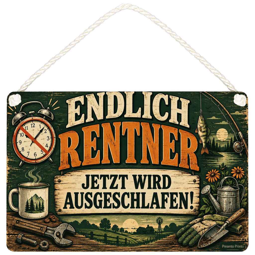 Lustiges Schild zur Rente mit Wecker und Angelrute|p:2017707|h:5e417e3779750cb77d3893fdee430e61