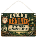 Lustiges Schild zur Rente mit Wecker und Angelrute
