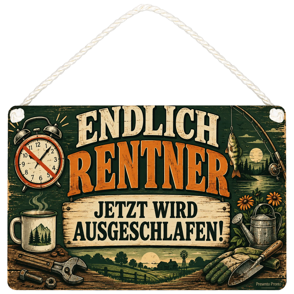 Lustiges Schild zur Rente mit Wecker und Angelrute