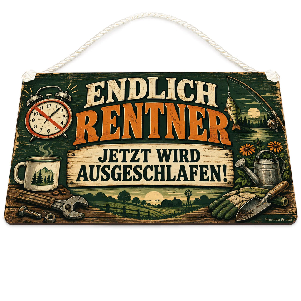 Lustiges Schild zur Rente mit Wecker und Angelrute|p:2017708|h:3a889c0f11682f4d5d99eba5663c77a3