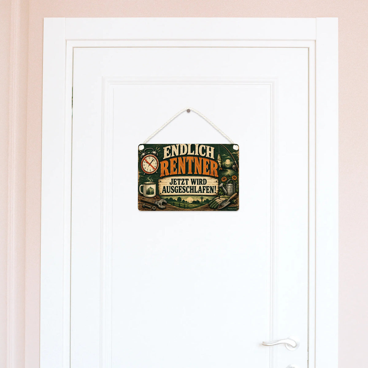 Lustiges Schild zur Rente mit Wecker und Angelrute