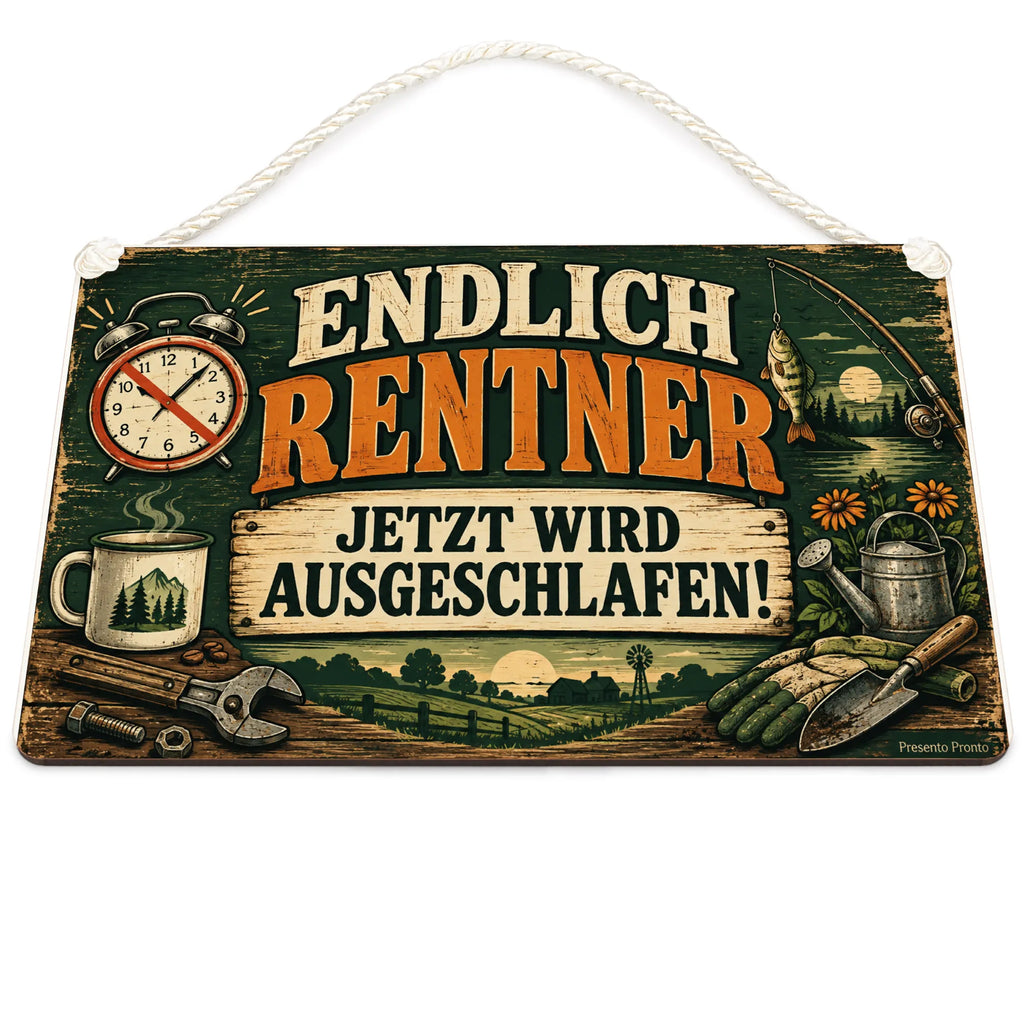 Lustiges Schild zur Rente mit Wecker und Angelrute|p:2017709|h:1f89ff8d393df17b4b6bd4ab1352aa6b