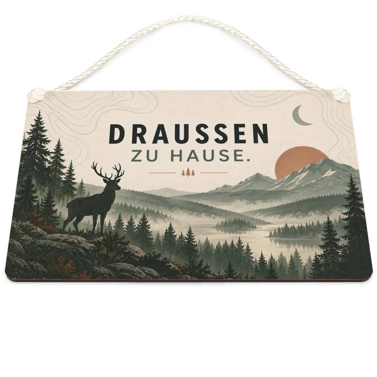 Stimmungsvolles Schild zur Jagd mit Hirsch im Wald
