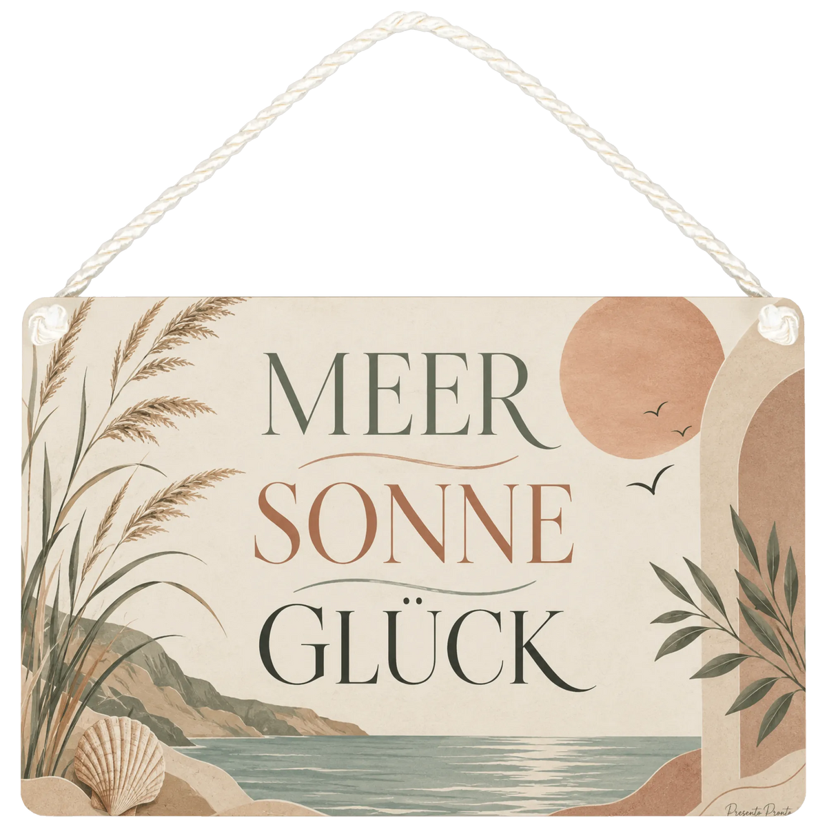 Entspanntes Urlaubsschild mit Muschel am Meer
