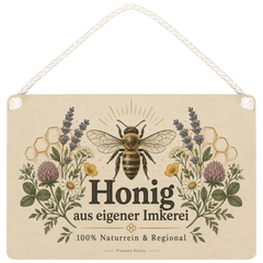Rustikales Schild für Honig aus eigener Imkerei mit Biene