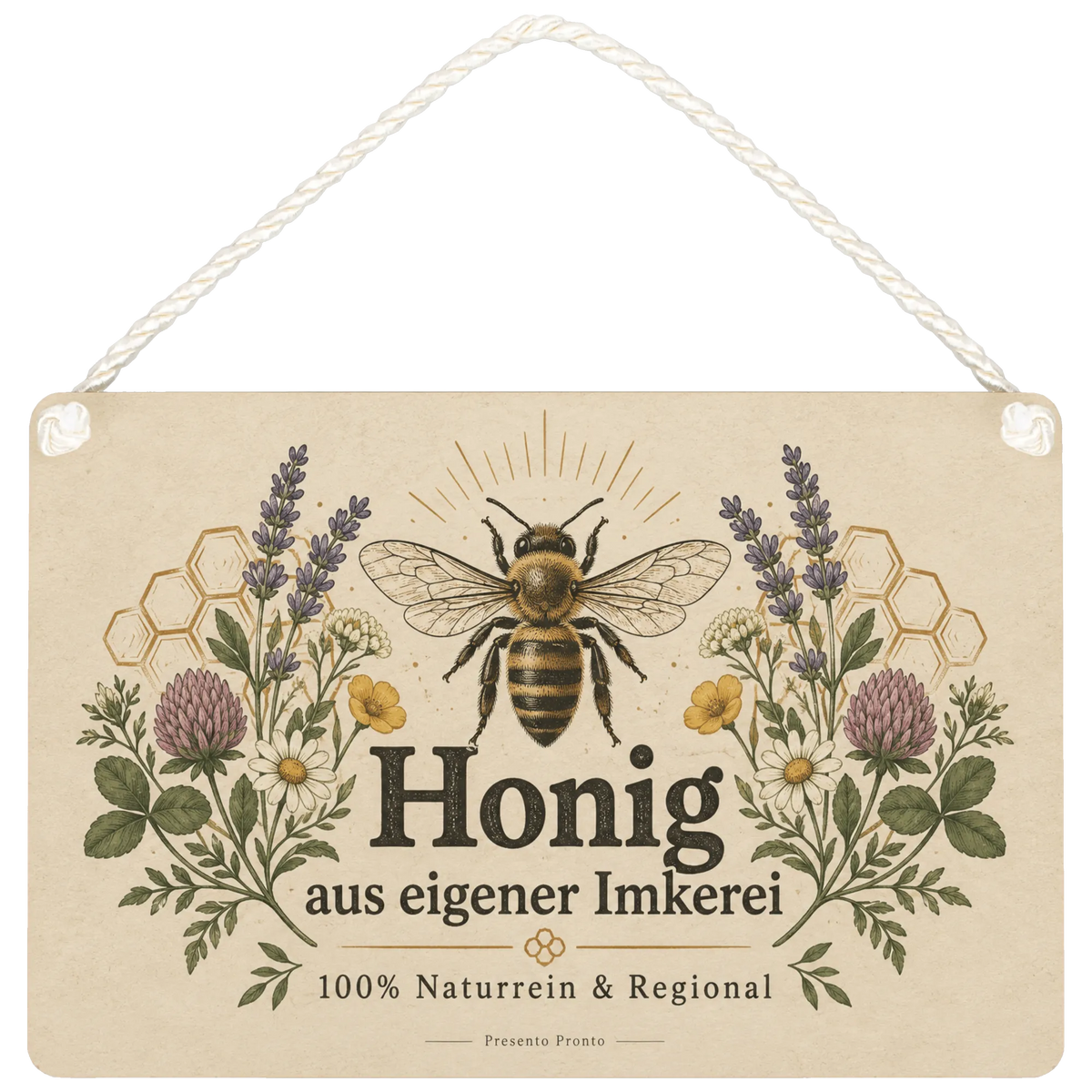 Rustikales Schild für Honig aus eigener Imkerei mit Biene
