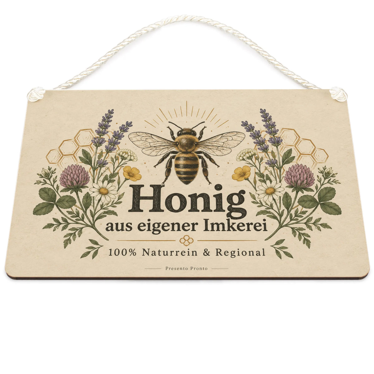 Rustikales Schild für Honig aus eigener Imkerei mit Biene